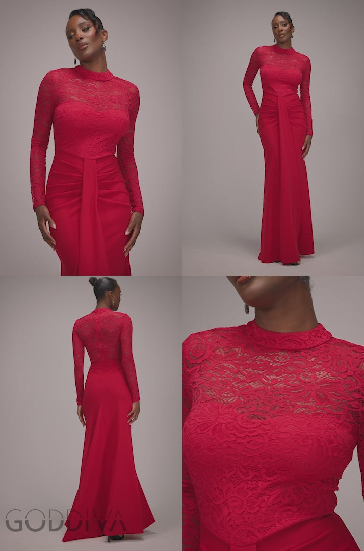 Lace High Neck Sheer Bodice Long Sleeve Maxi Dress - Red DR4677