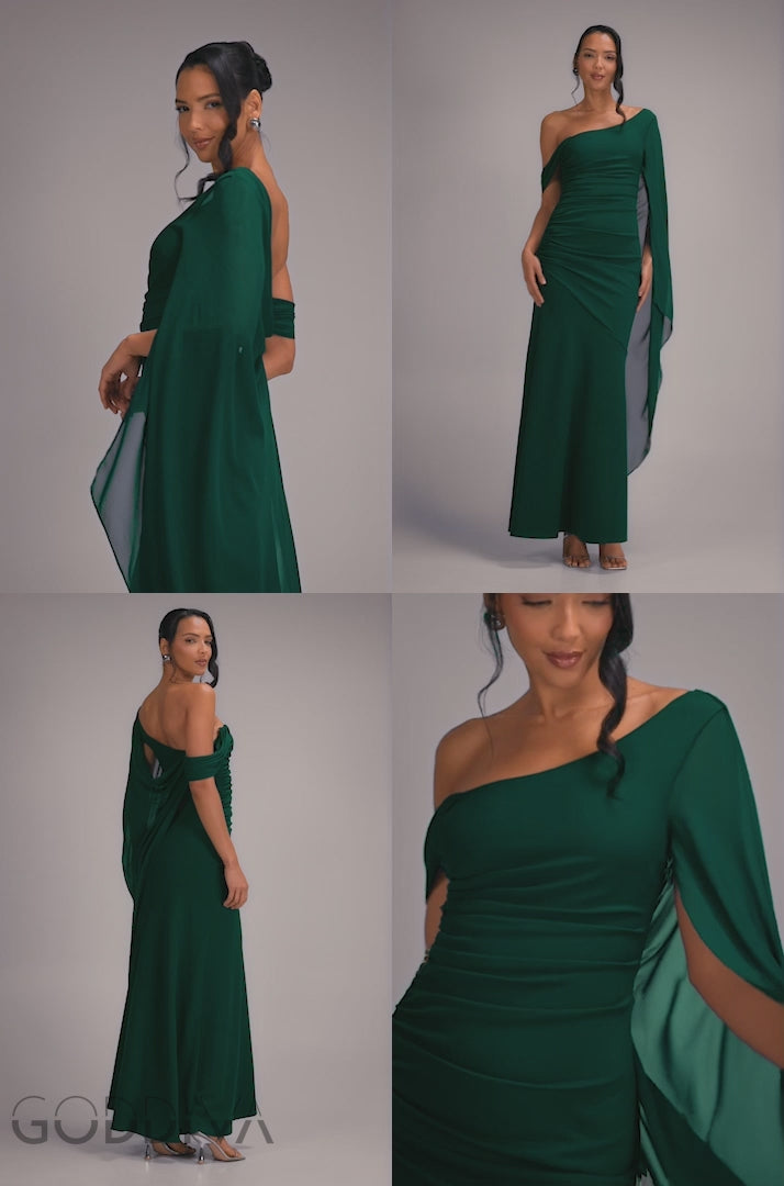 One Shoulder Cape Scuba & Chiffon Maxi Dress - Emerald Green DR4899