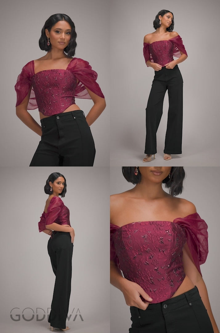 Off Shoulder Jacquard Top With Organza Wings - Burgundy Red T231