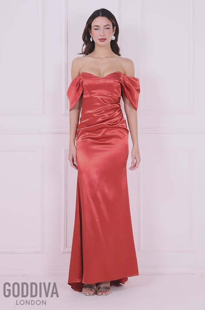 Off Shoulder Satin Maxi With V Neck - Burntorange DR3923