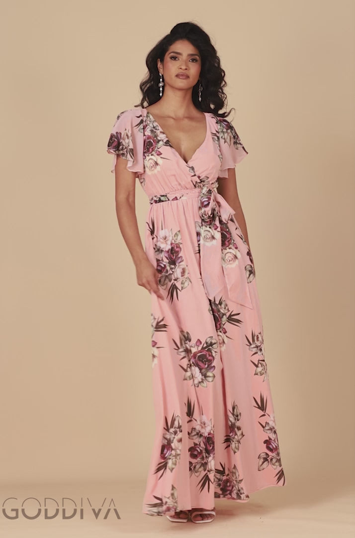 Sustainable Printed Flutter Sleeve Maxi Dress - Peach DR1582BBS