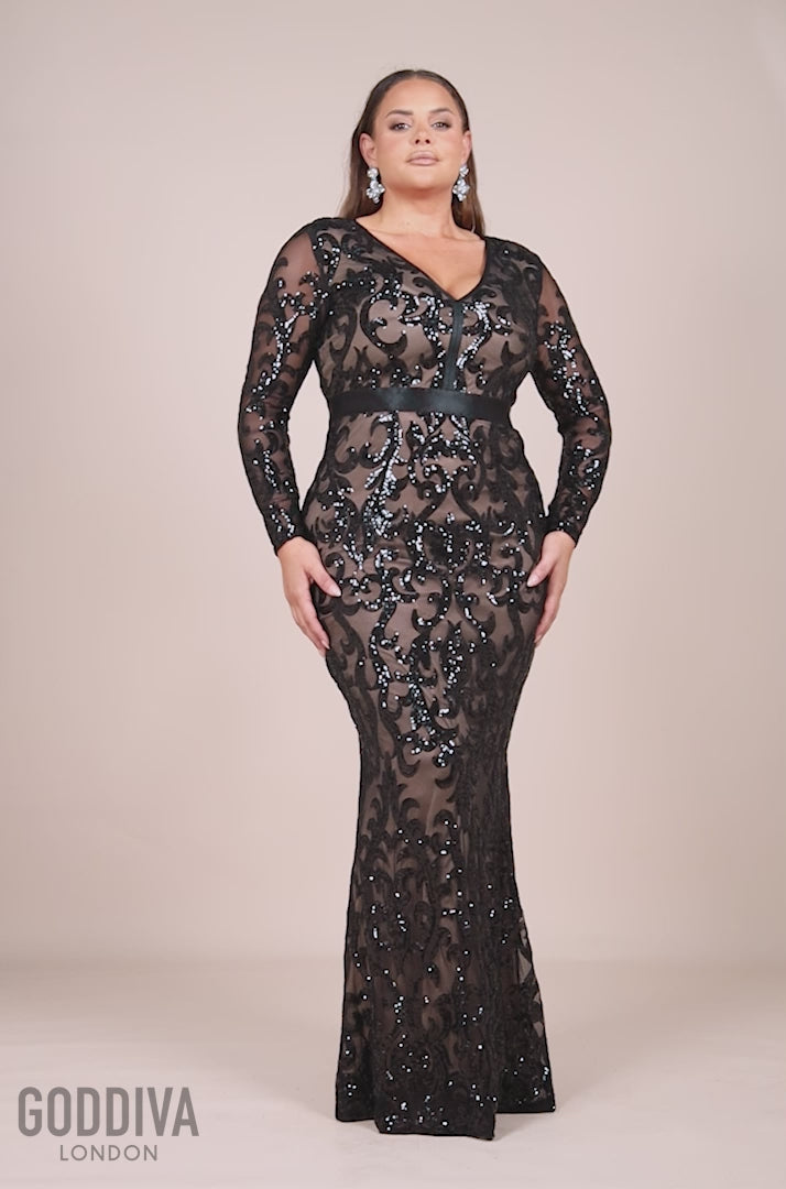 Embroidered Sequin & Mesh Maxi Dress - Black DR2558PLUS