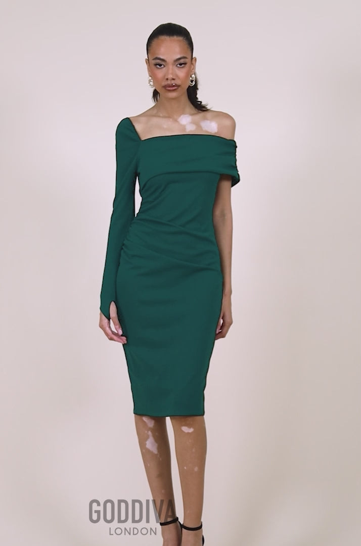 One Shoulder Scuba Midi Dress - Emerald Green DR3638