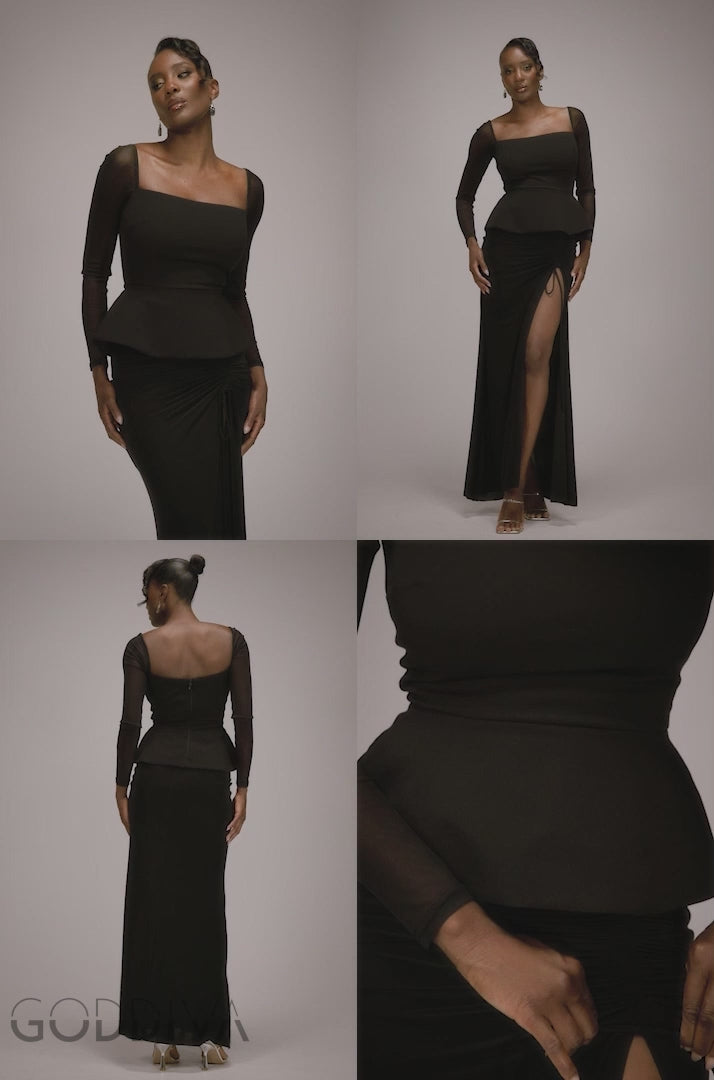 Plain Mesh Long Sleeve Scuba Crepe Peplum Top - Black T228