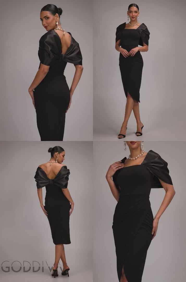 Off Shoulder Back Satin Bow Wrap Crepe Midi Dress - Black DR4939