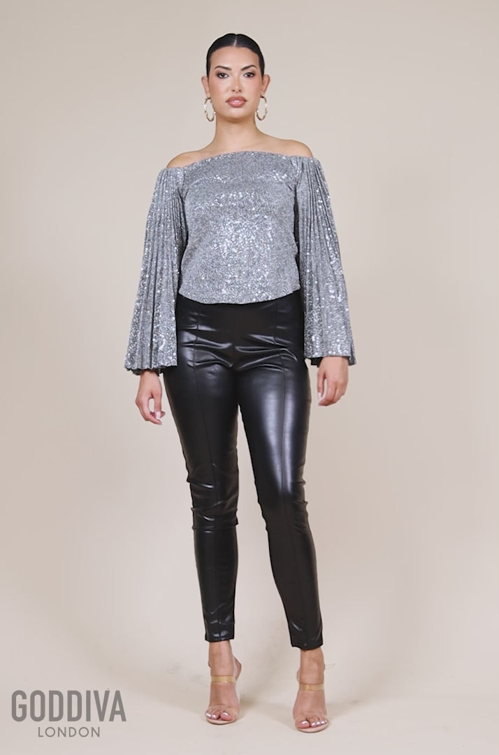 Sequin Lurex Bardot Pleated Sleeve Top - Silver T205