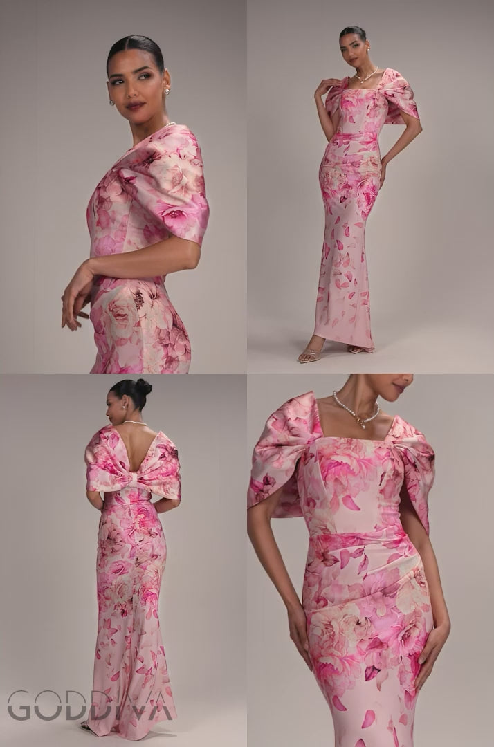 Printed Off Shoulder Satin Bow Back Maxi Dress - Blush Pink DR5282