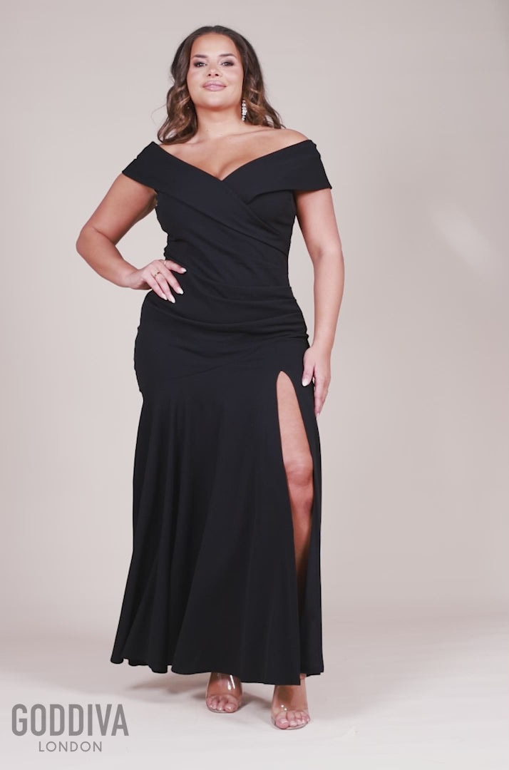 Scuba Crepe Off Shoulder Front Split Maxi Dress - Black DR2930PLUS