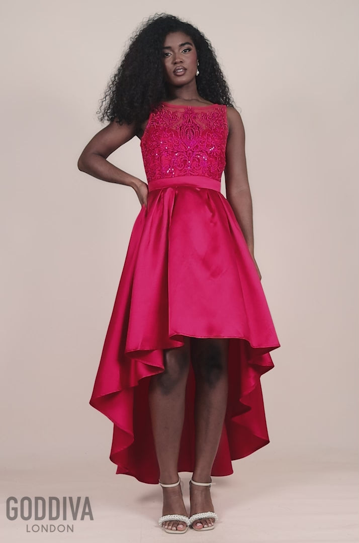 Sequin Satin Dipped Hem Midi Hot Pink Goddiva