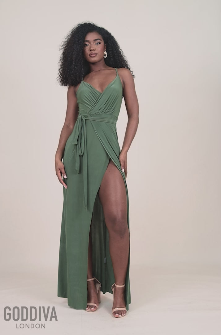 Wrap Front Maxi Slip Dress With Waist Tie Up Olive Green Goddiva