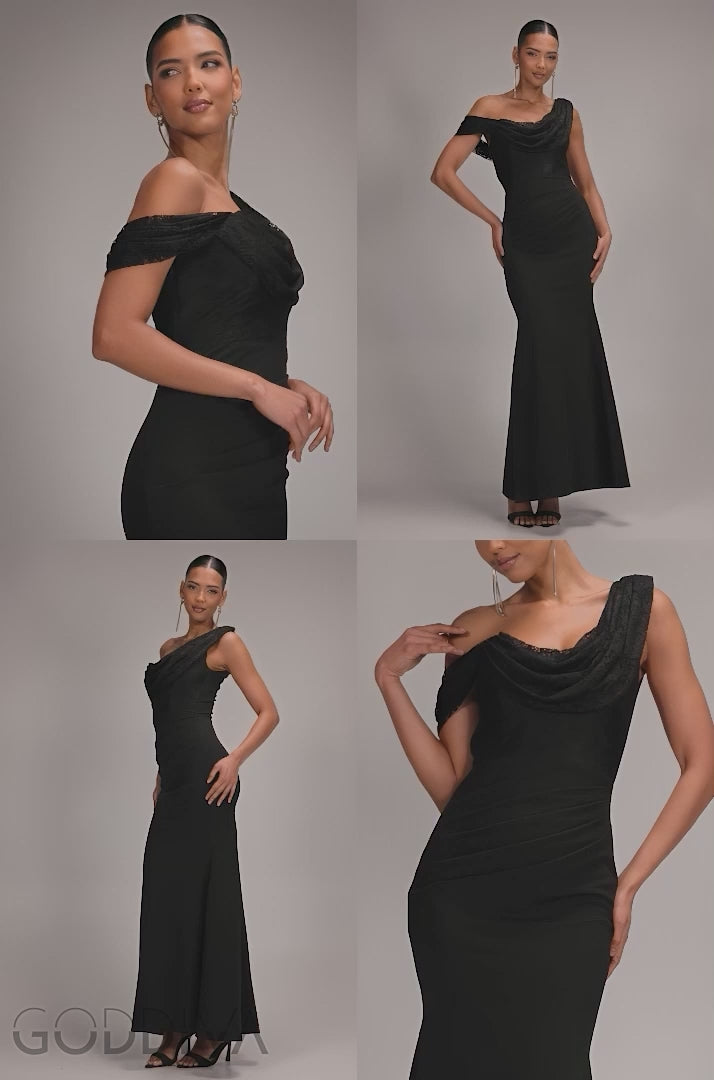Lace Cowl One Shoulder Scuba Crepe Maxi Dress - Black DR5093