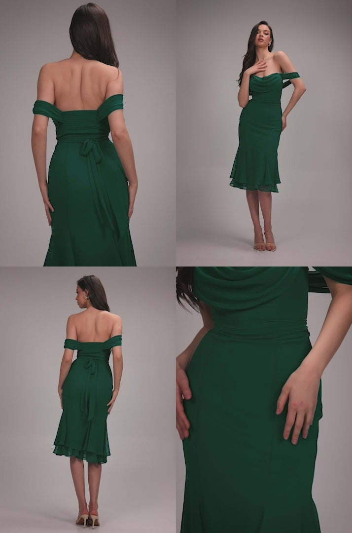 Chiffon Cowl Off Shoulder Wing Tiered Midi Dress - Emerald Green DR4843