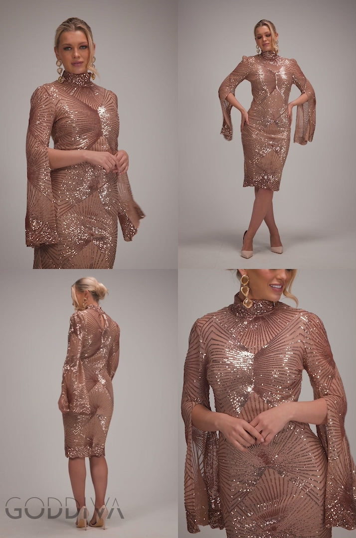 Sequin Starburst Cape Sleeve Midi Dress - Champagne DR4799