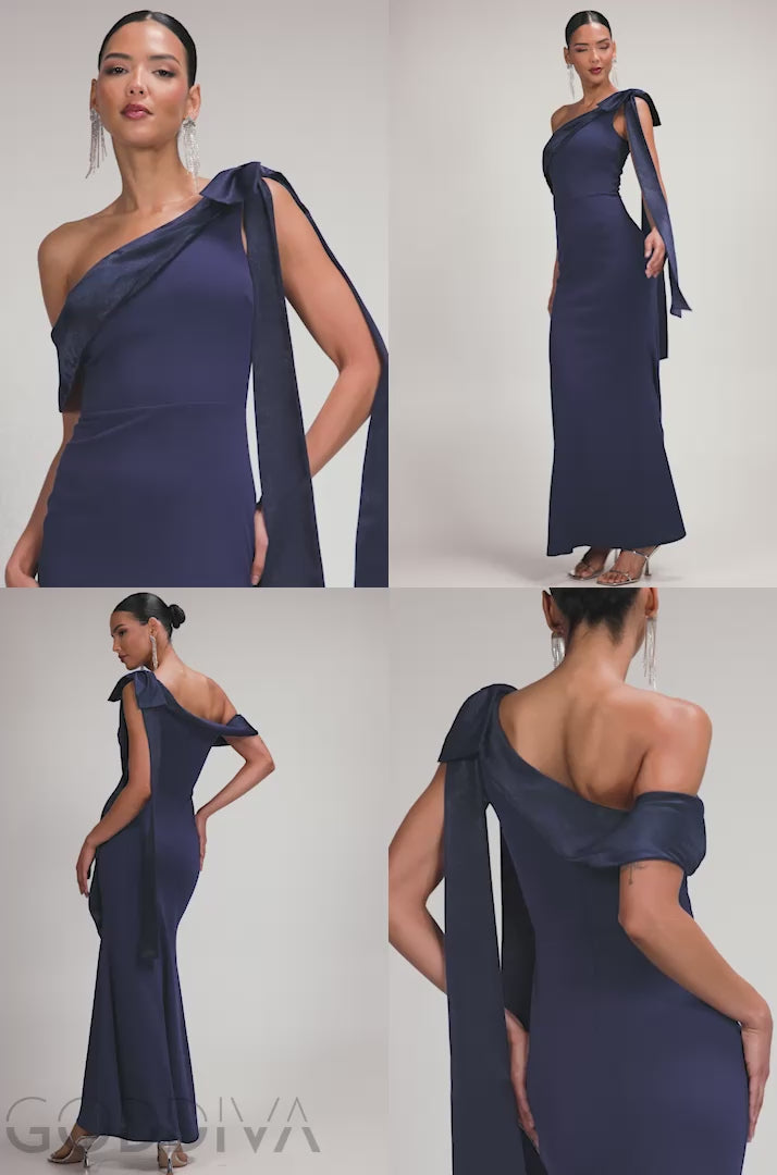 One Shoulder Velvet Satin Bow Cape Maxi Dress - Navy Blue DR5021