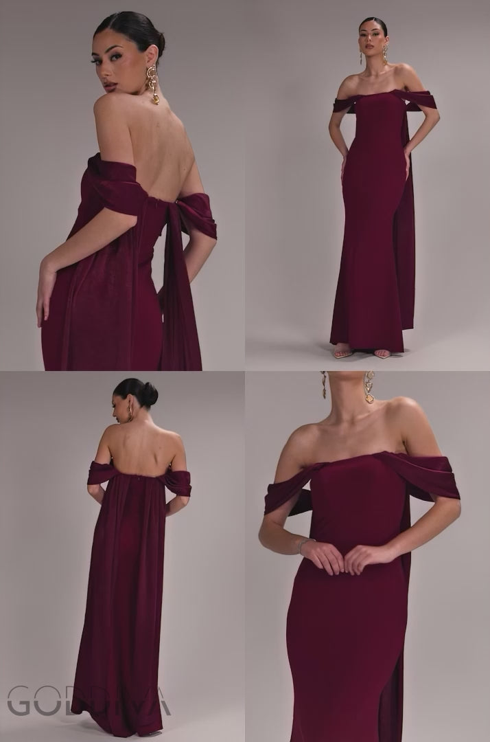 Off Shoulder Velvet Satin Wing Cape Maxi Dress - Burgundy DR5079