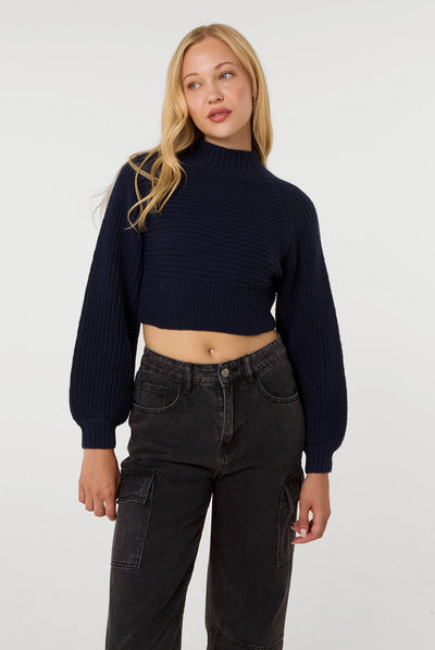 Navy - High Neck Knitted Crop Jumper by Pink Vanilla