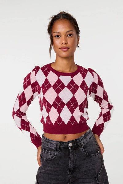 Wine - Argyle Diamond Check Jumper by Pink Vanilla