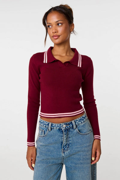 Burgundy - Contrast Knitted Jumper by Pink Vanilla
