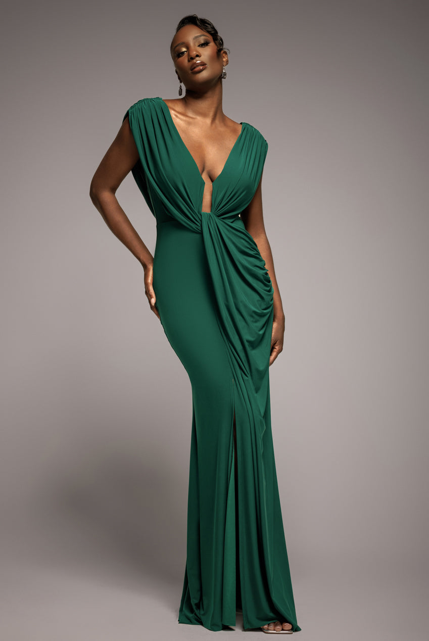 Cowl Plunge Draped Mermaid Maxi Dress - Emerald Green DR4879