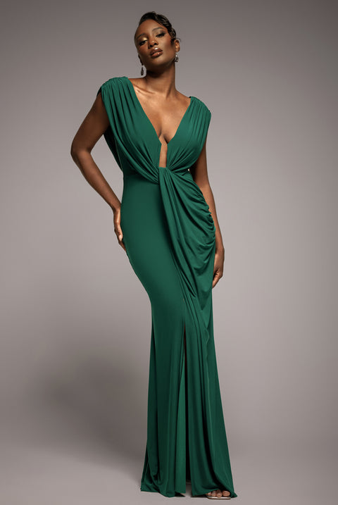 Cowl Plunge Draped Mermaid Maxi Dress - Emerald Green by Goddiva