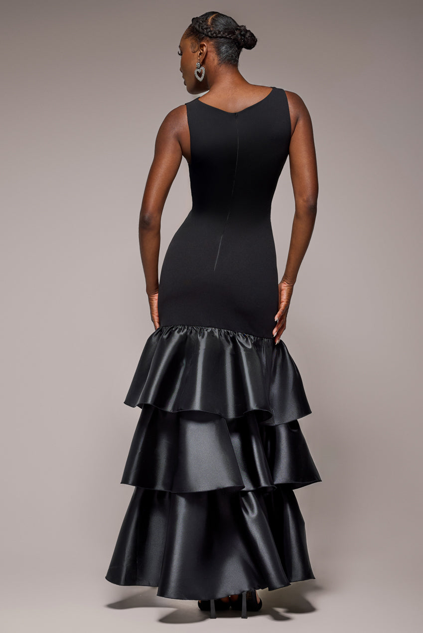 Boat Neck Satin & Scuba Crepe Tiered Maxi Dress - Black DR4682