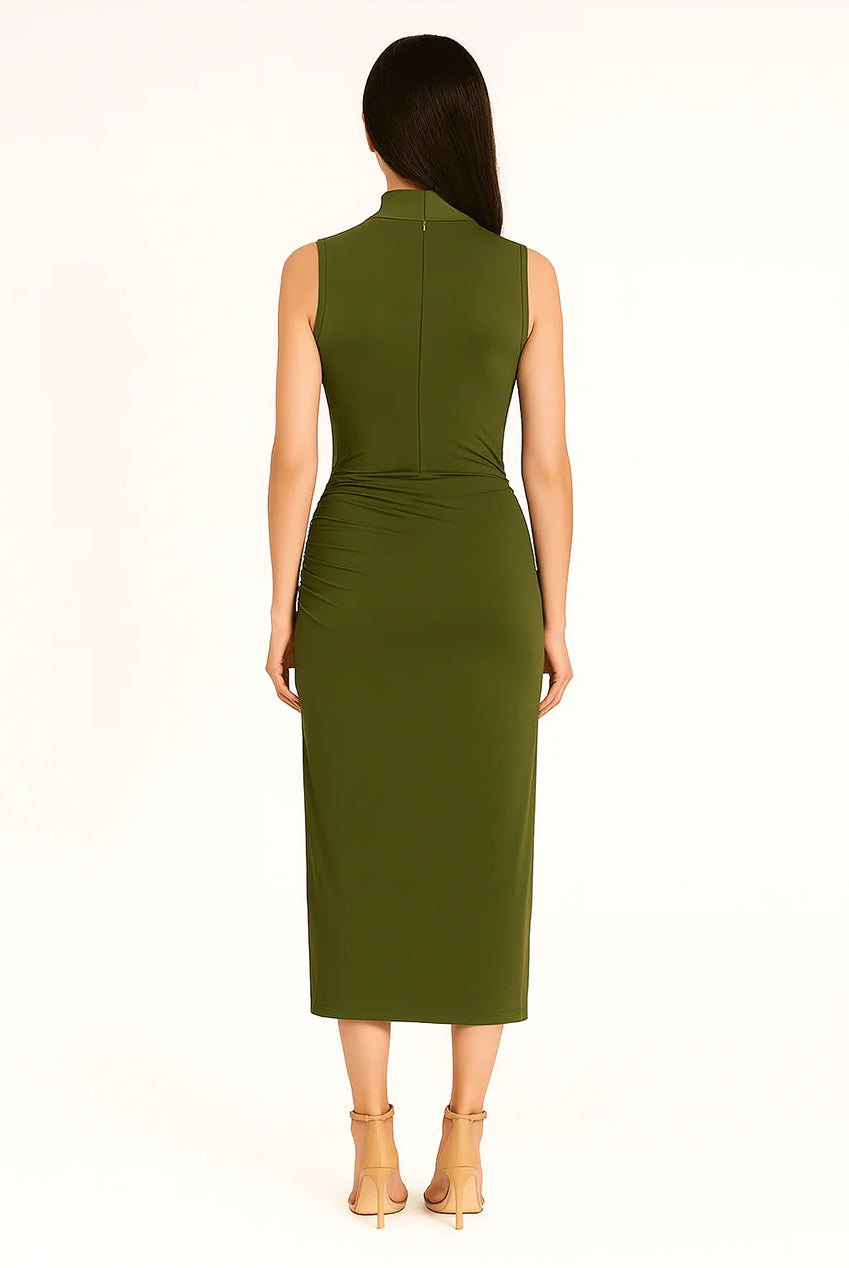 Khaki Ruched Slim Fit Jersey Sleeveless Midi Dress AV-IMD2458