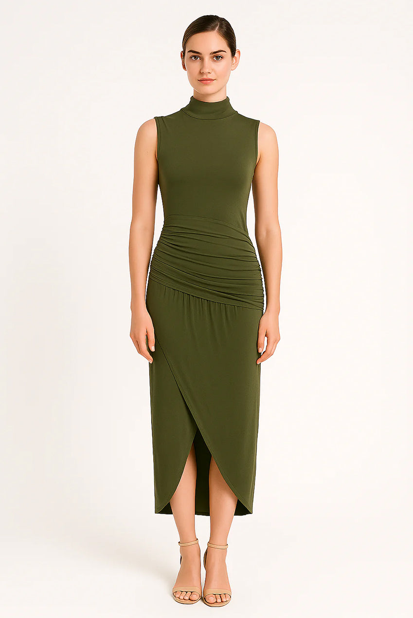 Khaki Ruched Slim Fit Jersey Sleeveless Midi Dress AV-IMD2458