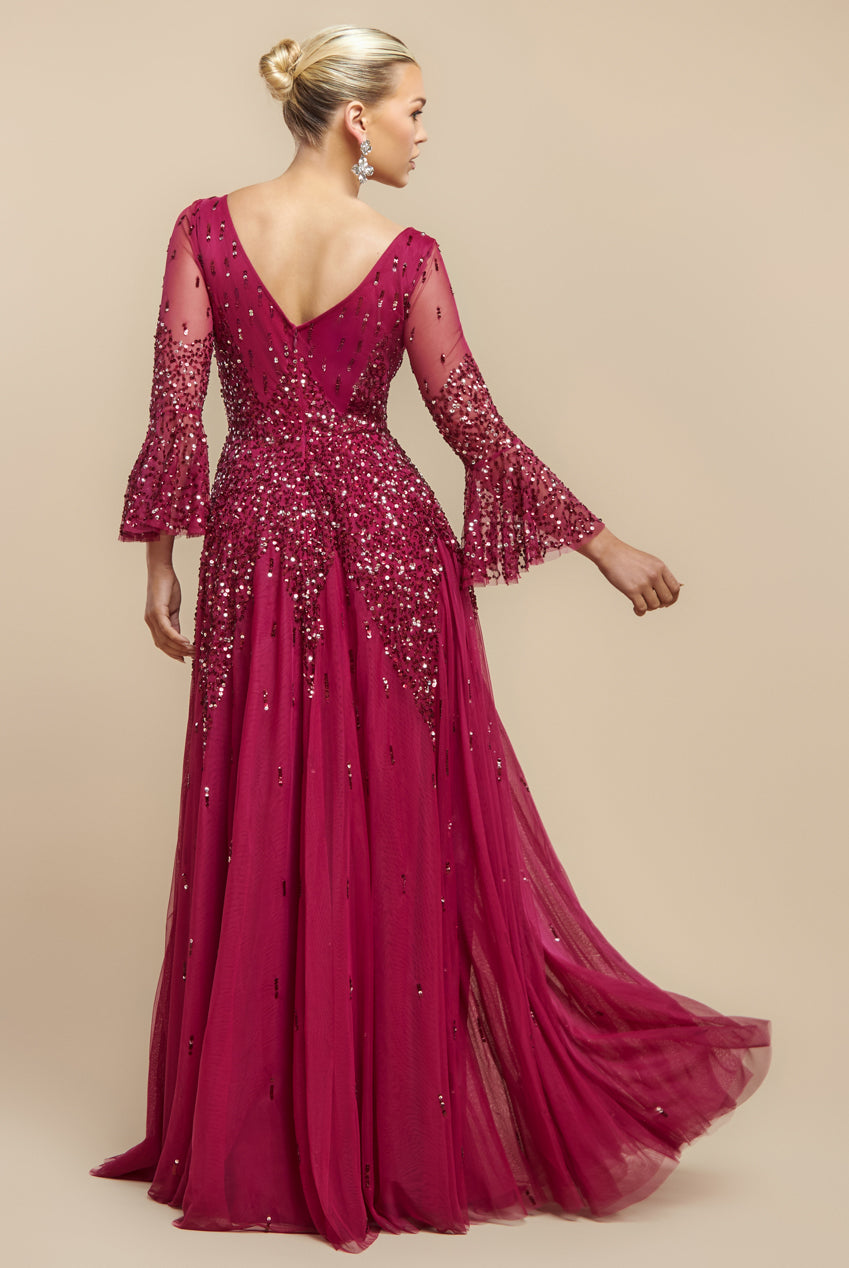 Sunray Hand Embellished Sequin A-Line Bell Sleeve Maxi Dress - Burgundy DR4654