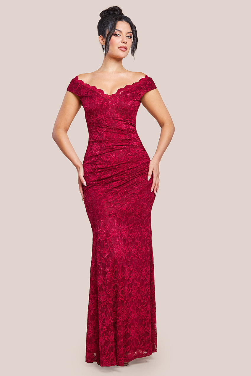 Off The Shoulder Scalloped Neck Maxi Dress - Wine DR4600