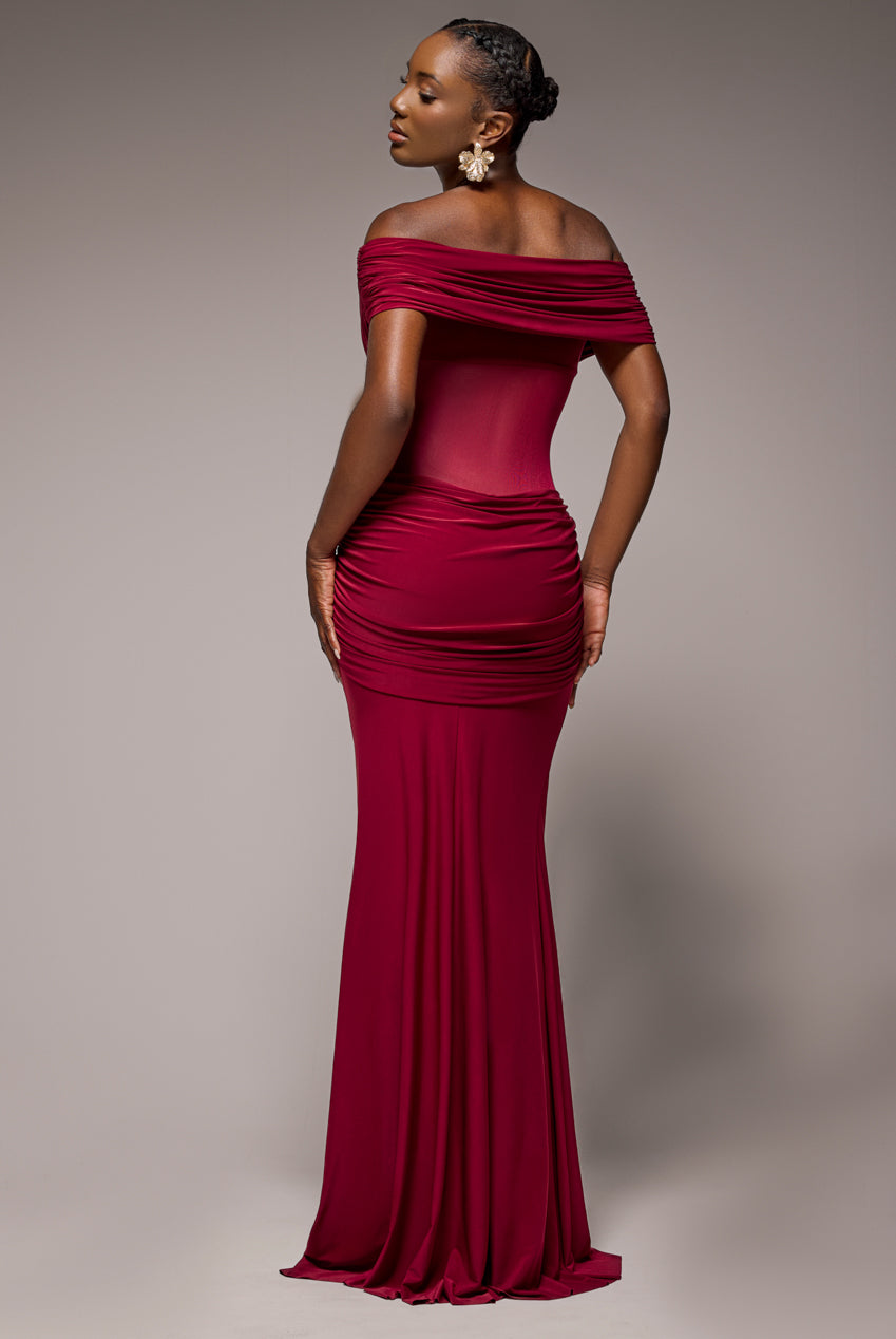Gathered Off The Shoulder Mesh Waist Panel Maxi Dress - Wine DR4857