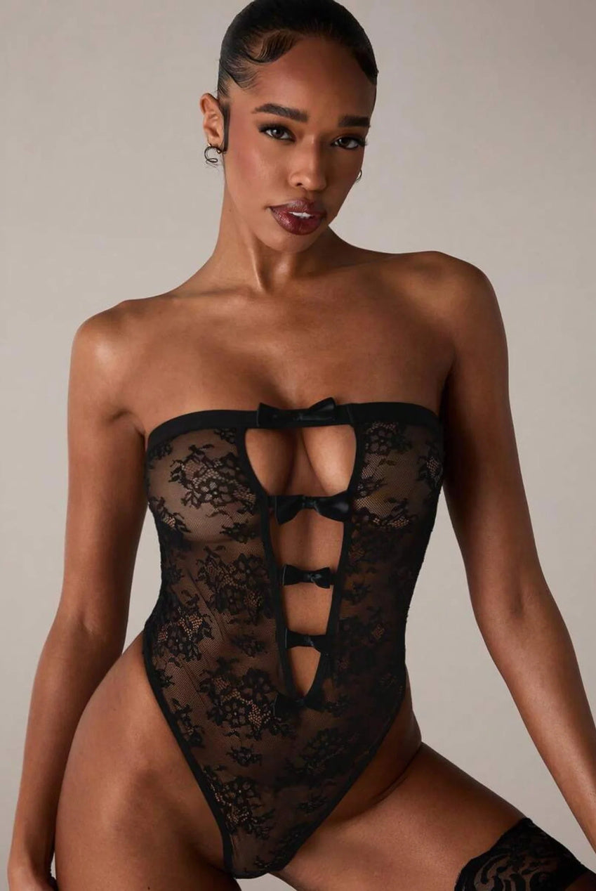 Sabrina Lace Bow Cut-Out Bodysuit | Black LN-SABRINA