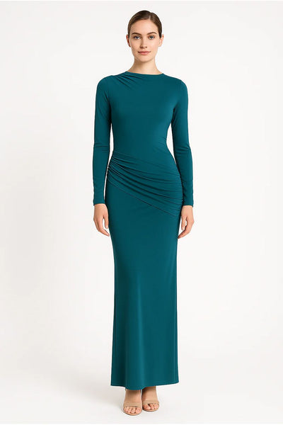 Teal - Side Ruching Bodycon Full-Sleeve Jersey Evening Gown by Avinci