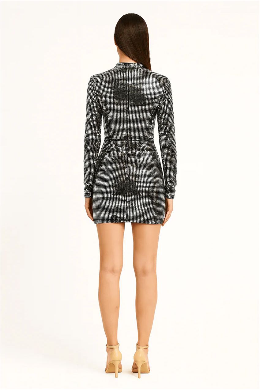 Silver Metallic Sequin Long Sleeve Bodycon Mini Dress | Goddiva Silver Metallic Sequin Long Sleeve Bodycon Mini Dress | Goddiva