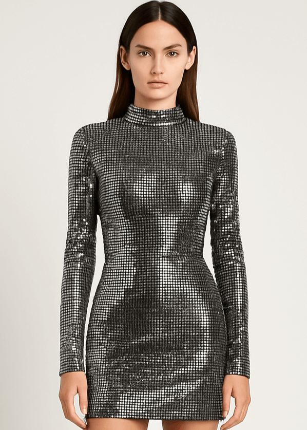 Silver Metallic Sequin Long Sleeve Bodycon Mini Dress AV-KH-495BLK