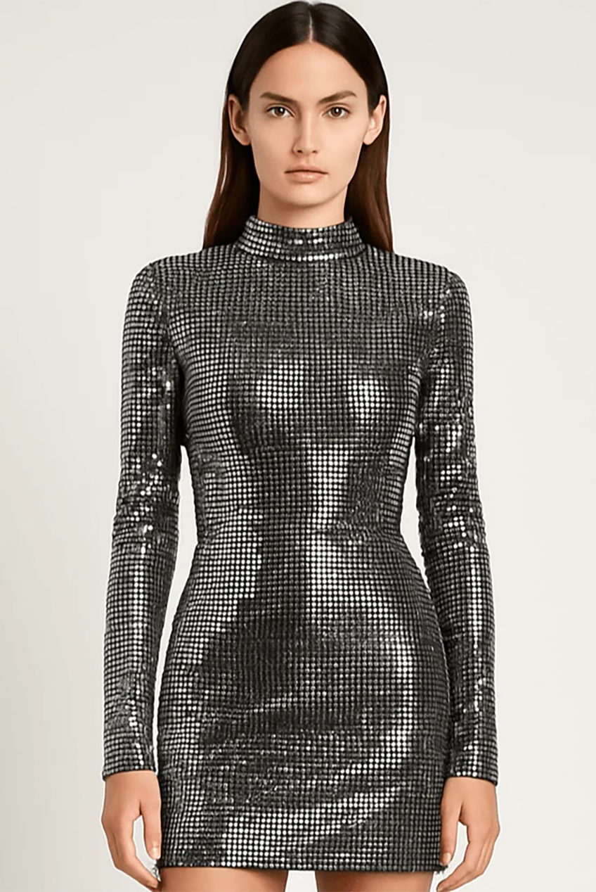 Silver Metallic Sequin Long Sleeve Bodycon Mini Dress AV-KH-495BLK