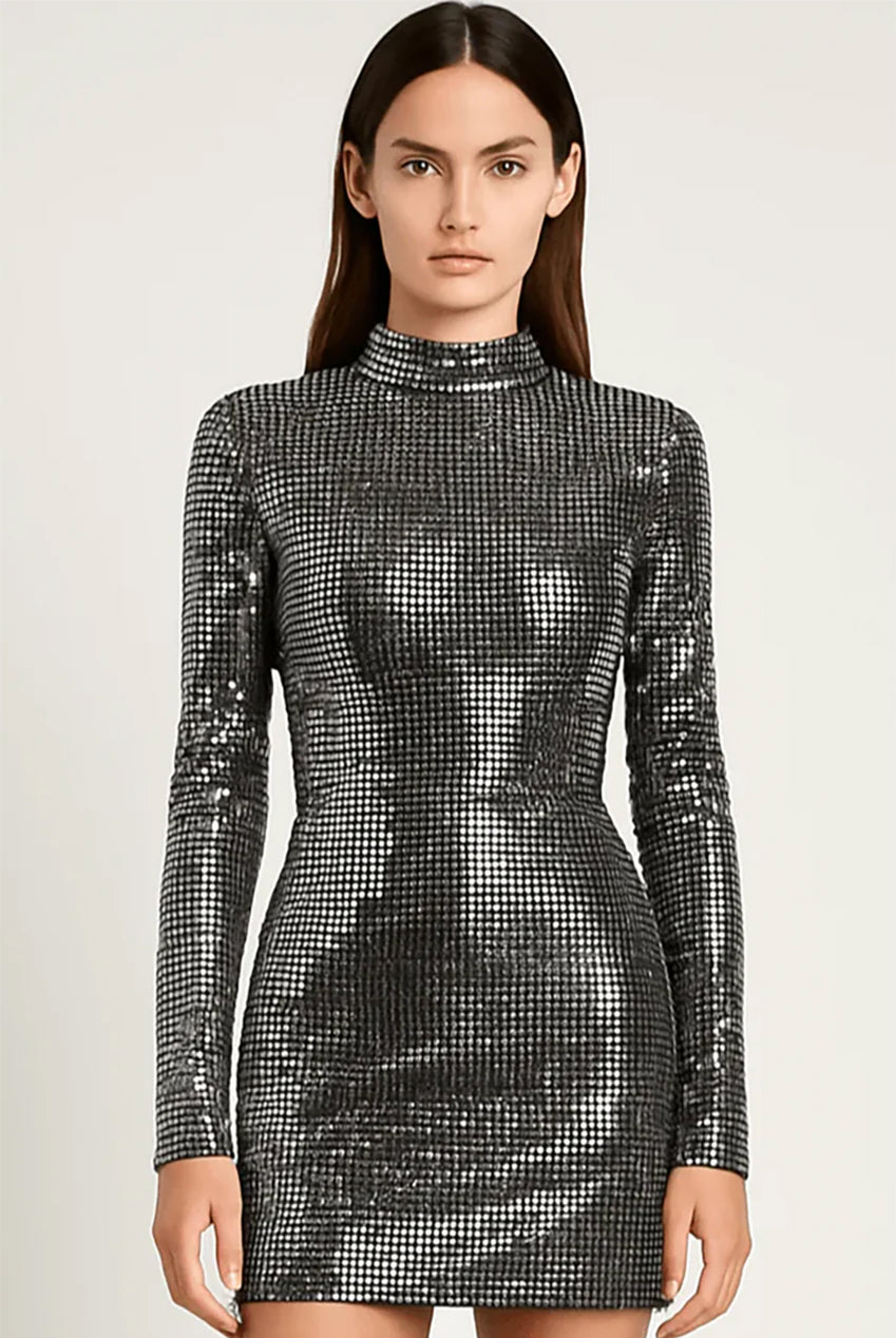 Silver Metallic Sequin Long Sleeve Bodycon Mini Dress AV-KH-495BLK
