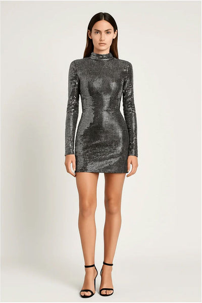 Silver Metallic Sequin Long Sleeve Bodycon Mini Dress