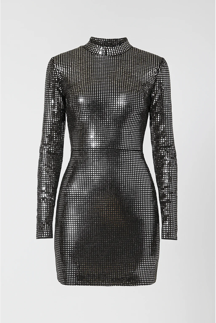 Silver Metallic Sequin Long Sleeve Bodycon Mini Dress AV-KH-495BLK