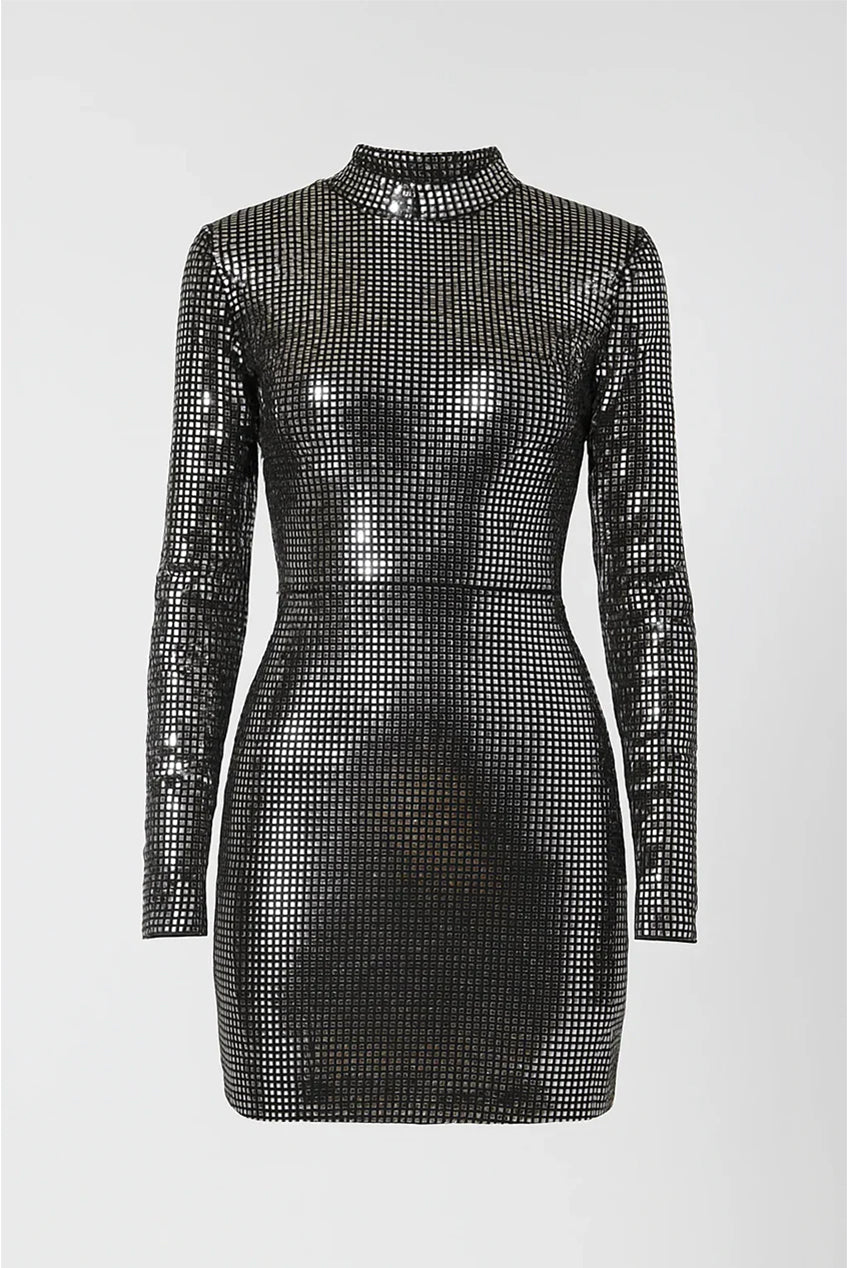 Silver Metallic Sequin Long Sleeve Bodycon Mini Dress AV-KH-495BLK