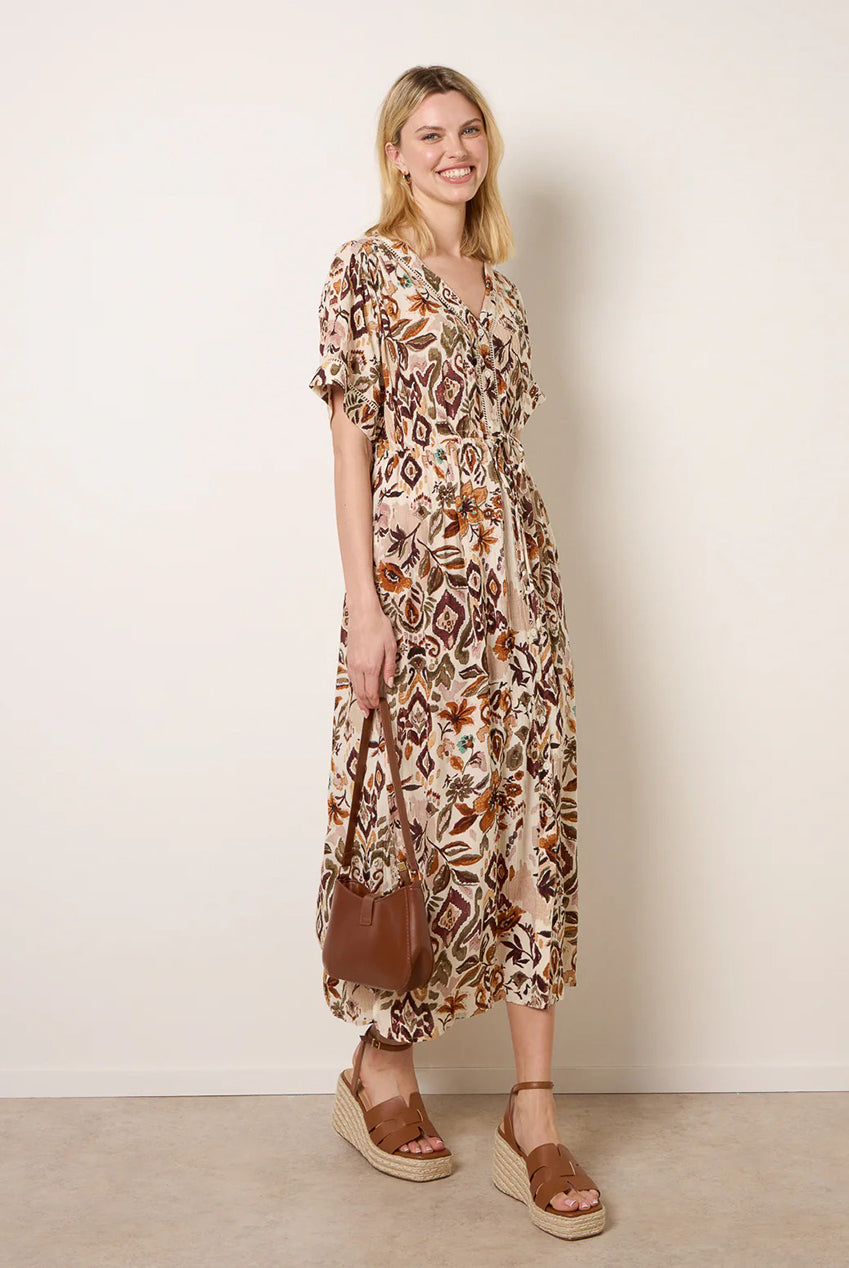 Printed Drawstring Waist Midi Dress SS26013B057