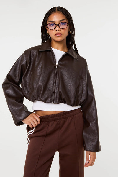 Chocolate - Faux Leather Puffball Jacket by Pink Vanilla