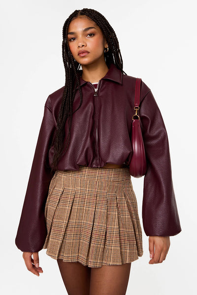 Wine - Faux Leather Puffball Jacket by Pink Vanilla