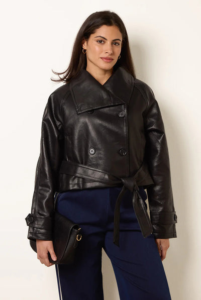 Black - Double Breasted Leather Look Jacket by Blue Vanilla