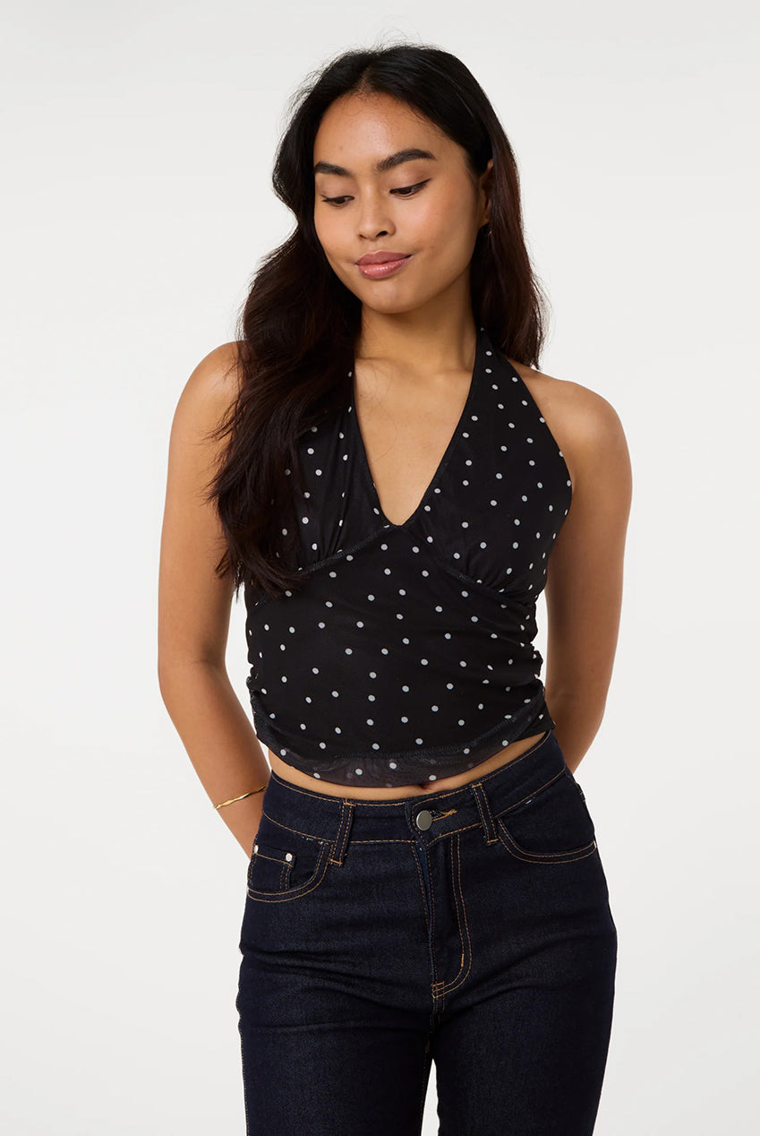 Ruched Side Halter Top In Polka Dot SS26073P031