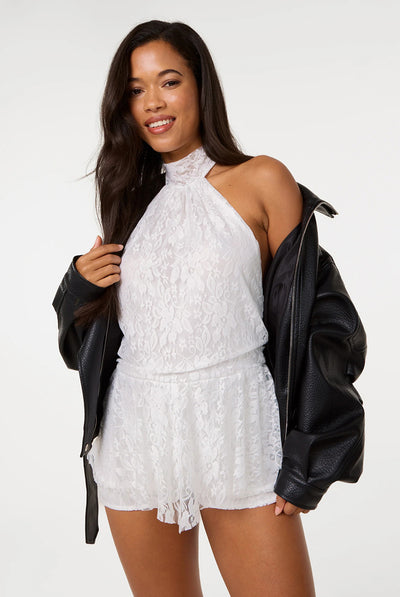 Ivory - Halter Lace Peplum Playsuit by Pink Vanilla
