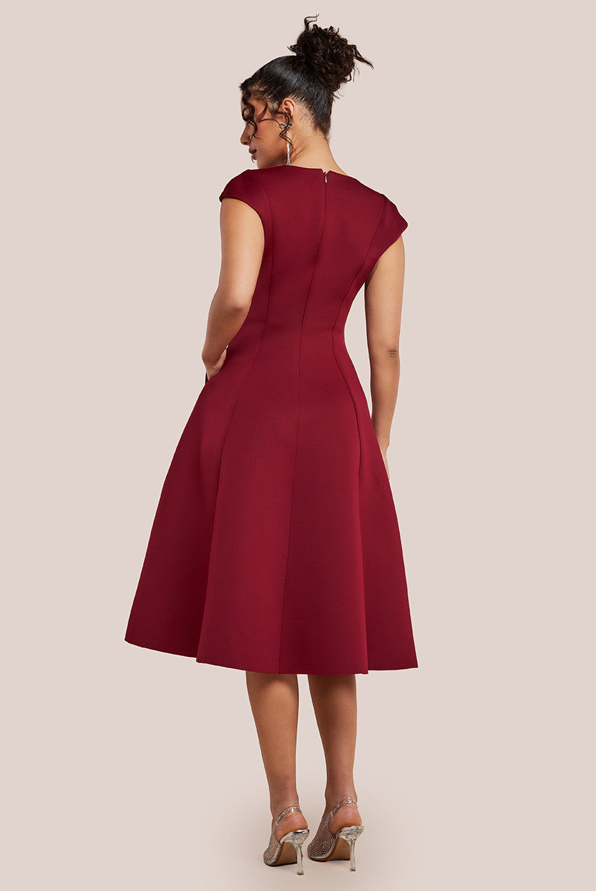 Cap Sleeve Plunging V-Neckline A-line Midi Dress - Wine DR4540