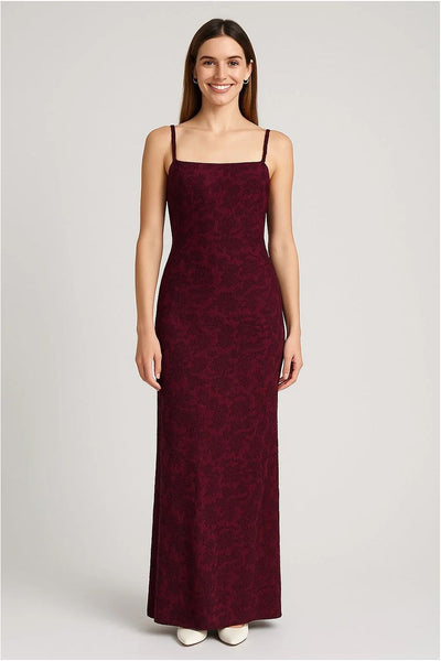 Wine - Thin Adjustable Straps Jacquard Bodycon Formal Evening Maxi Dress by Avinci