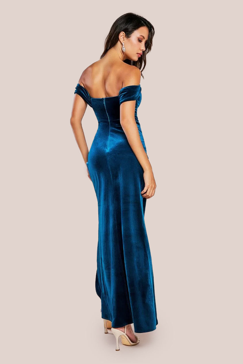 Draped Shoulder Velvet Corset Maxi Dress - Teal Blue DR4044