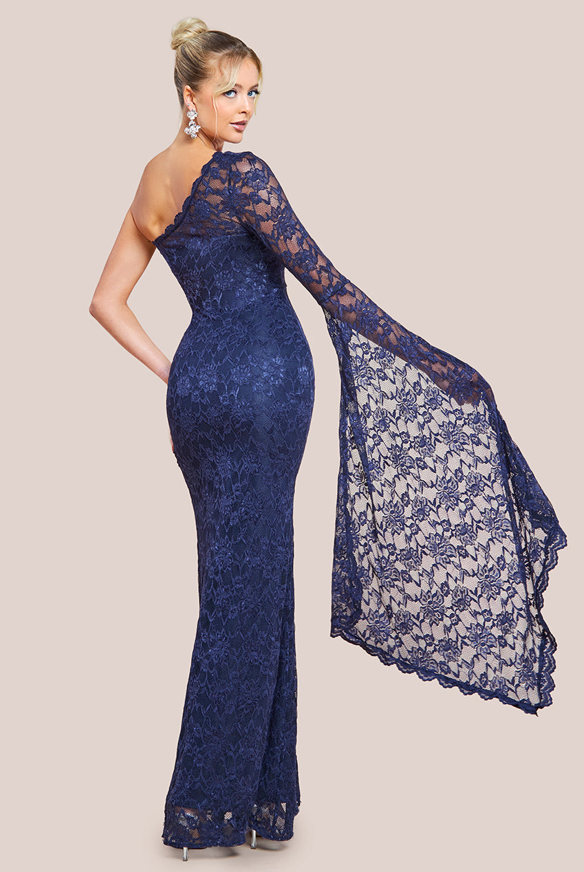 One Shoulder Scalloped Neck Maxi Dress - Navy Blue DR4601