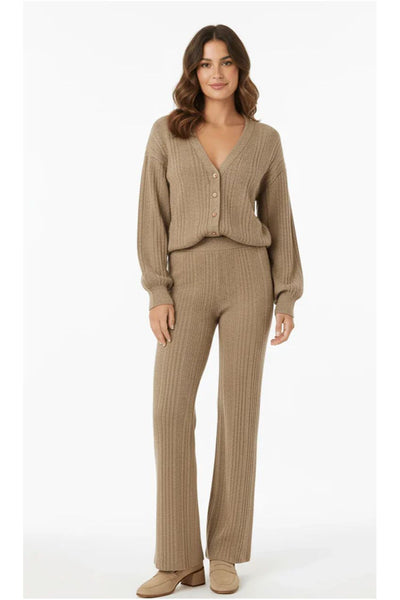 Mocha - Beige V-Neck Cardigan Matching Wide-Leg Trousers Co-Ord Set by Avinci